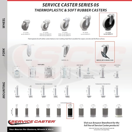 Service Caster 5 Inch Thermoplastic Rubber Wheel 1-3/8 Inch Expanding Stem Caster with Brake SCC-EX05S510-TPRS-SLB-138